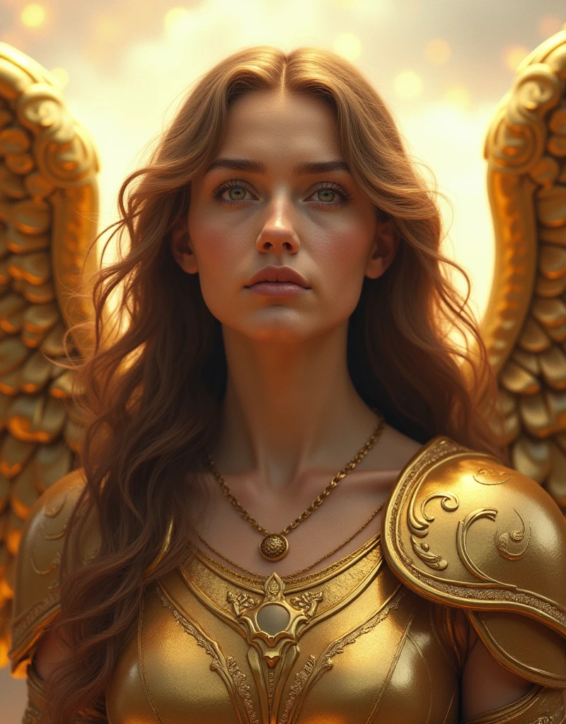large angel face, with golden armor biblical story, 4k, realistic and detailed image,