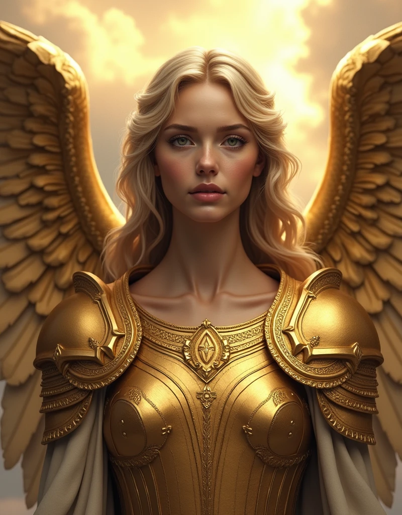 large angel face, with golden armor biblical story, 4k, realistic and detailed image,