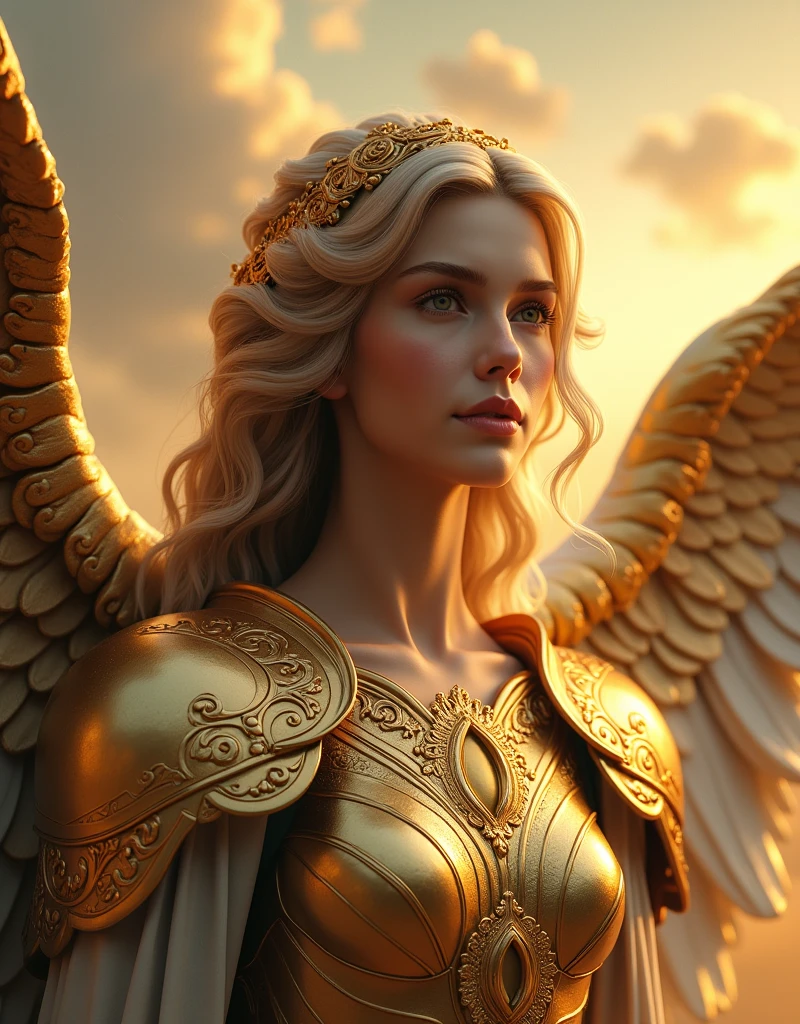 large angel face, with golden armor biblical story, 4k, realistic and detailed image,