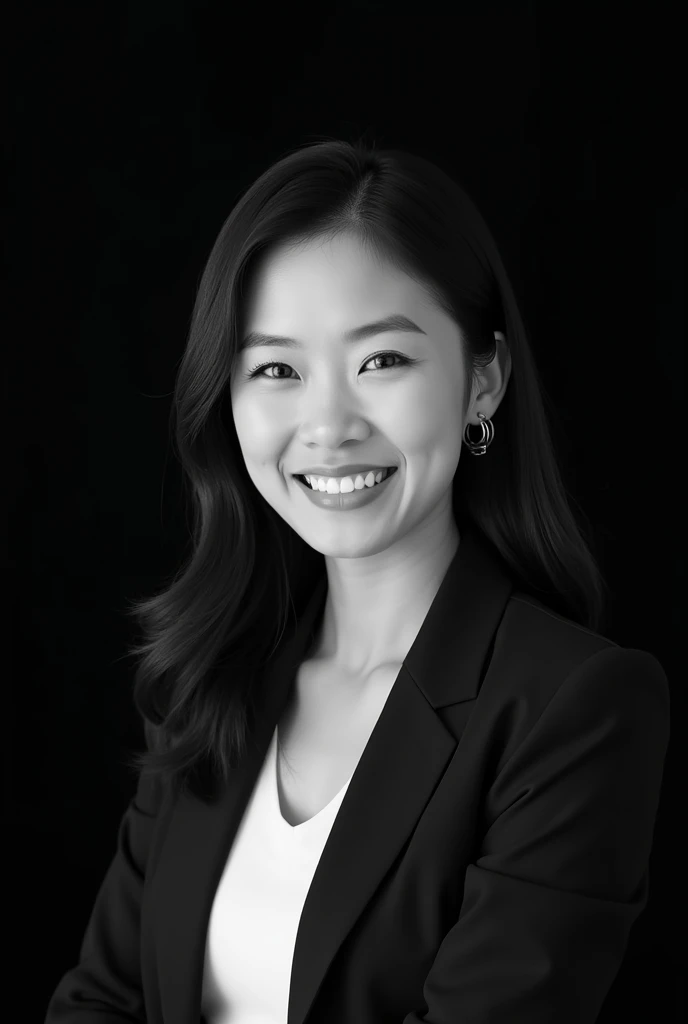 A professional black-and-white portrait of a Asian woman with long, dark hair. She has a warm smile, wearing a dark blazer over a white shirt, with minimalistic jewelry like a small hoop earring. The background is solid black, highlighting her features and creating a sleek, modern look. The lighting is soft and evenly distributed, emphasizing her confident and approachable expression.