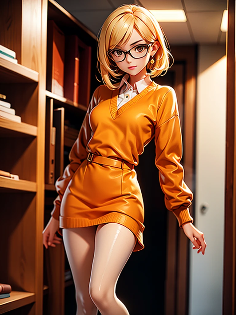 ONE Girl in the frame, elegant, short, A slim body. Wearing beige high boots, brown skirt, orange sweater and white lab coat, dark nude tights. medium length hair, blonde. wear glasses.