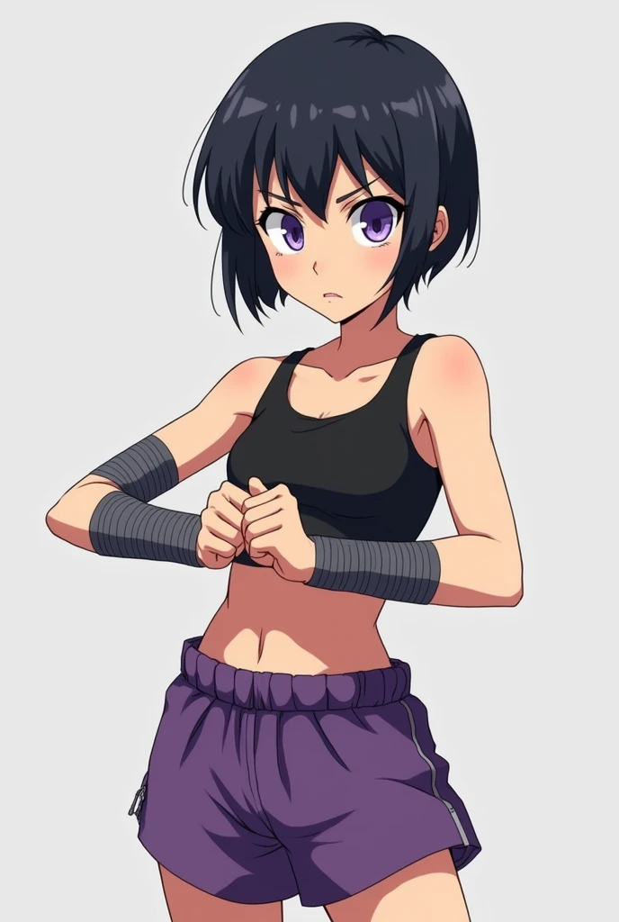 (hinata\(boruto\), (high quality, anime, cowboy shot), ((wrestling gear: red plain bra for wrestling, black tight armband, black thong for wrestling)), ((slender woman, off-shoulders, (long belly), thick arms, super detailed body, smile)), ((stretching, one arm up)), (medium-big breasts, cleavage), closed mouth), tan skin, ((floating hair, dark blue, short hair, hime cut، loose hair), (background: simple white background only), (background: simple white background only, windy), (background: simple white background only)