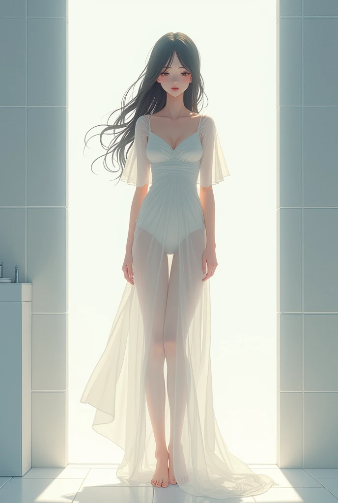 Trans woman in transparent white dress in anime style bathroom