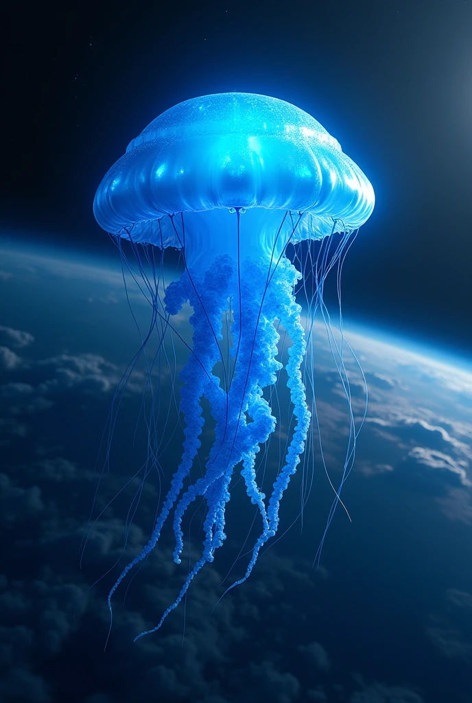 A large glowing blue jellyfish flies over the earth and is in space 