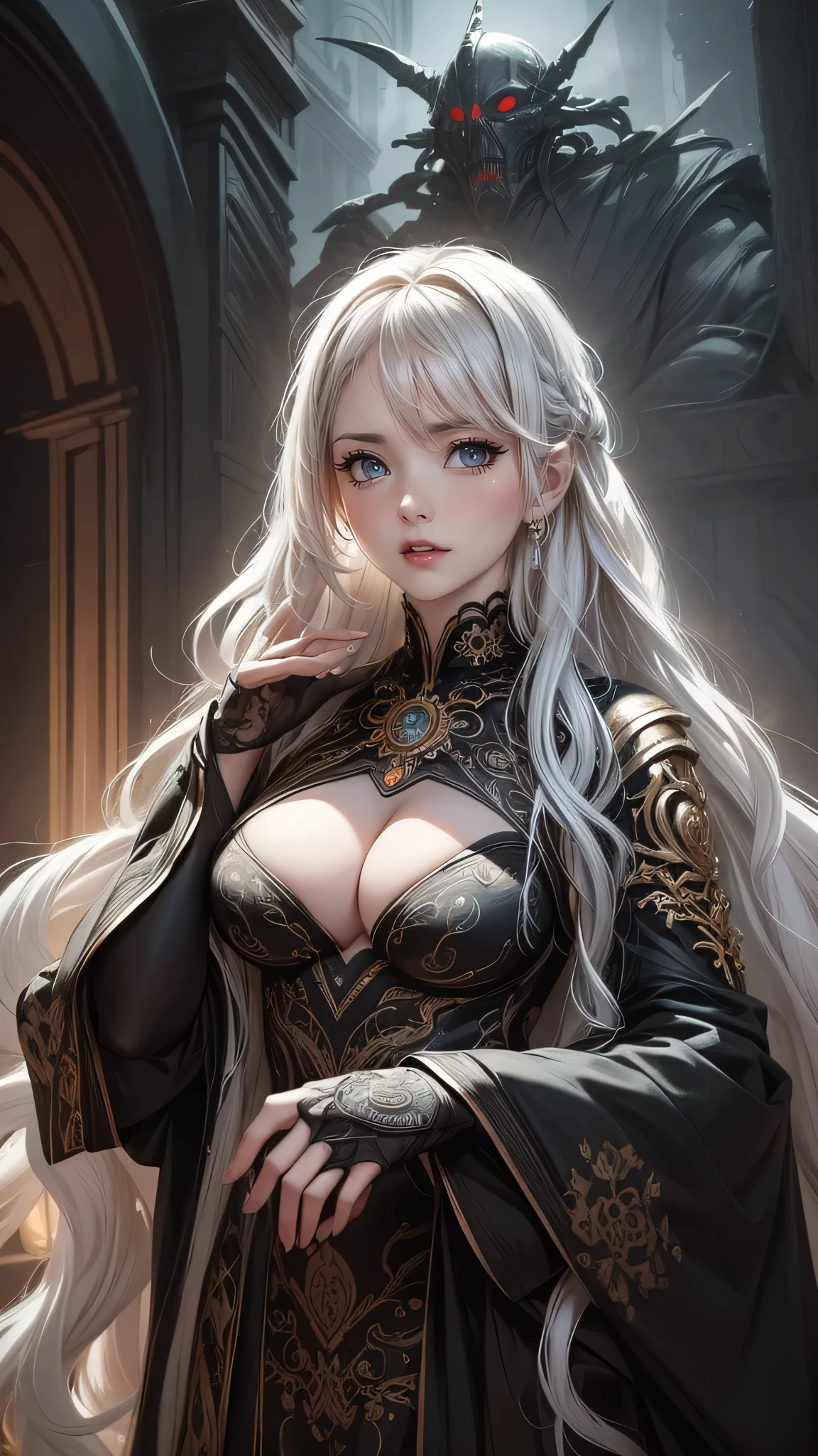 portrait, beautiful woman, white hair, ornate dress, (long hair in waves like smoke):0.85 , confident expression, detailed, 16k, sf, intricate artwork masterpiece, ominous, matte painting movie poster, golden ratio, trending on cgsociety, intricate, epic, trending on artstation, by artgerm, h. r. giger and beksinski, highly detailed, vibrant, production cinematic character render, ultra high quality model:1