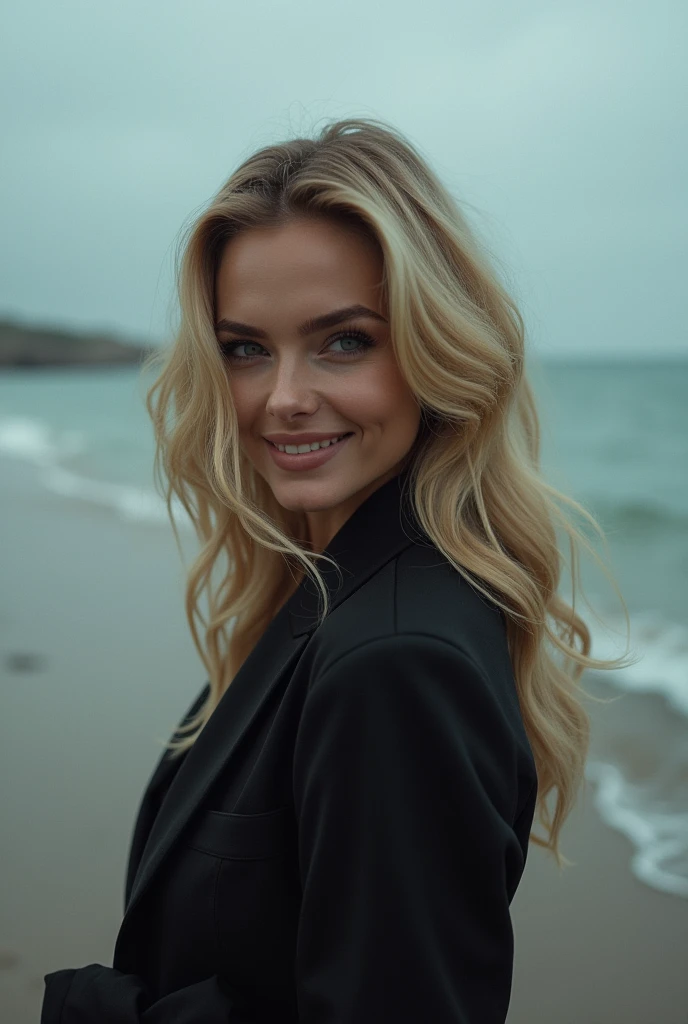 A stunning blonde model, reminiscent of iconic supermodels, flashes a playful smile at the camera, set against a moody, rain-soaked beach with soft gray skies and gentle waves.