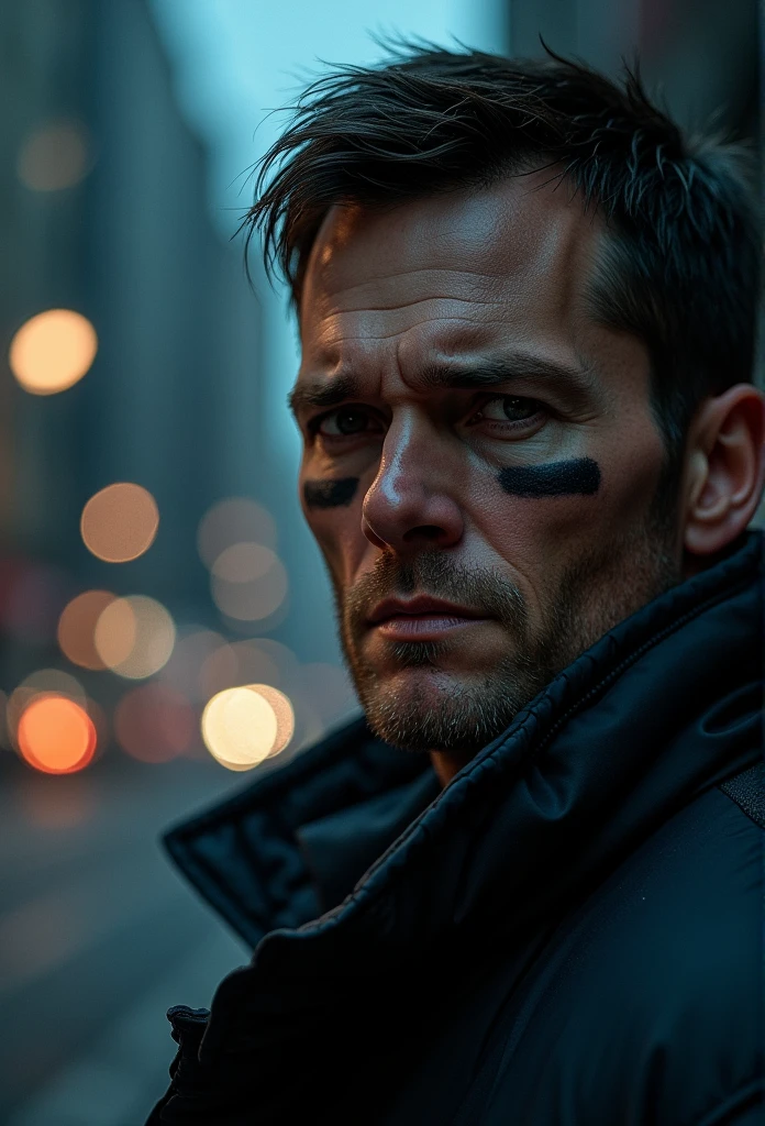 Tom Hrady , Dark foreground, spotlight focused on Tom Hrady worried face, city windows lit up in background Realistic, Realistic, stunning Realistic photograph, intricate and detailed, Cinematic, color grading, Dark illustration, extreme quality, extremely detailed, ultra detailed face, Ultra HD 8K, dark lightning, concept art, hyper detailed, complex and detailed, triadic colors, fantasy, intricate detail, splash screen, complementary colors, 8k resolution, soft lighting, film photography, film grain, hyper realistic
