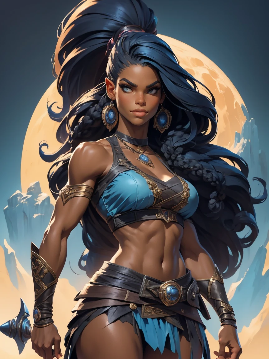 A woman with long hair and a blue top is standing a female black lady from the early 18th century based on Serena Williams, Dungeons and Dragons 5th edition style illustration, cinematic, fantasy painting, highly detailed, black outlining, full color illustration, in the style of BORIS VALLEJO & JULIE BELL