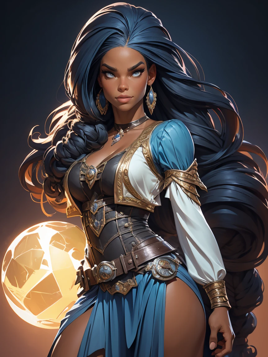 A woman with long hair and a blue top is standing a female black lady from the early 18th century based on Serena Williams, Dungeons and Dragons 5th edition style illustration, cinematic, fantasy painting, highly detailed, black outlining, full color illustration, in the style of BORIS VALLEJO & JULIE BELL