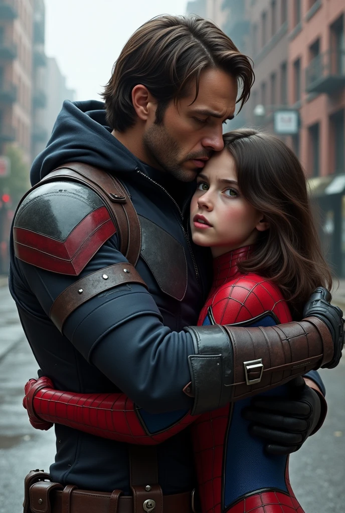 bucky barnes in winter soldier costume hugging 1 teenage girl with mascara she's Italian and Chinese with brown hair middle length hair and Wolf cut and brown green eyes in Spiderman costume
