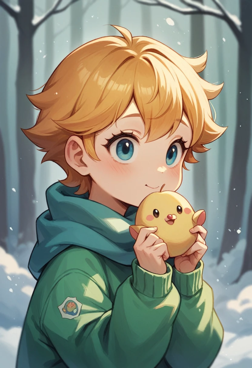 a little peach color fox cub Small , in a winter forest, alone, animal focus, non-human, Little puppy,It would look cute,focus anima