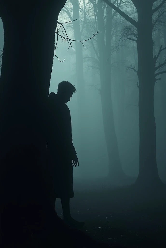 dark photography, darkly, male silhouette far away watching you behind a tree in the dense foggy forest make the image large