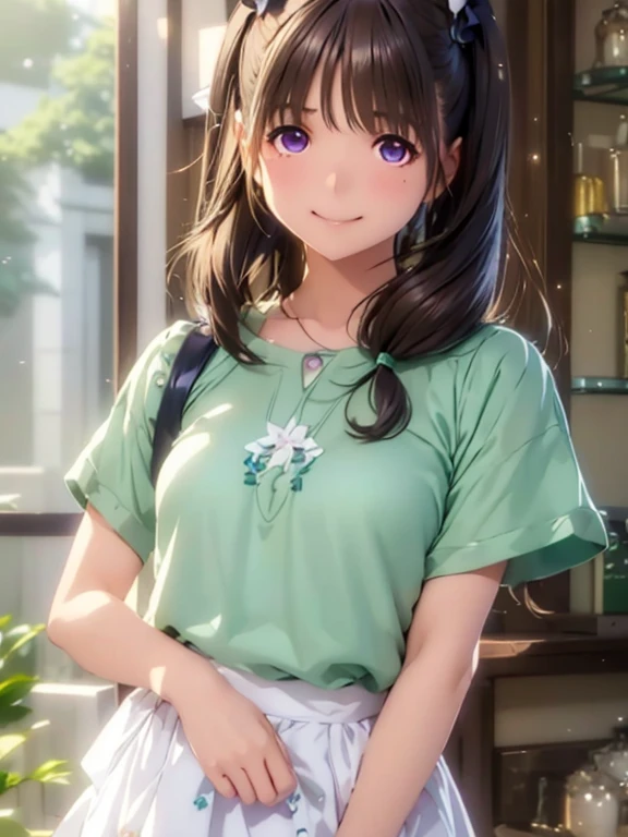 High resolution,In 8K,Highest quality,detailed,Semi-realistic anime,Anime 3D Style,Smooth anime CG,One Girl,1 woman in Japan,slim,Modeled,Shiny brown hair,Medium Hair,detailedな顔,Beautiful and detailed,Glowing Skin,(Light green short sleeve top),straggling hair,(((Short Twin Tails))),Angel-like hair,(Small breasts),((Deep violet sparkling eyes)),(((Shut your mouth.)),((Laughter)),(((Eyes on the viewer))),