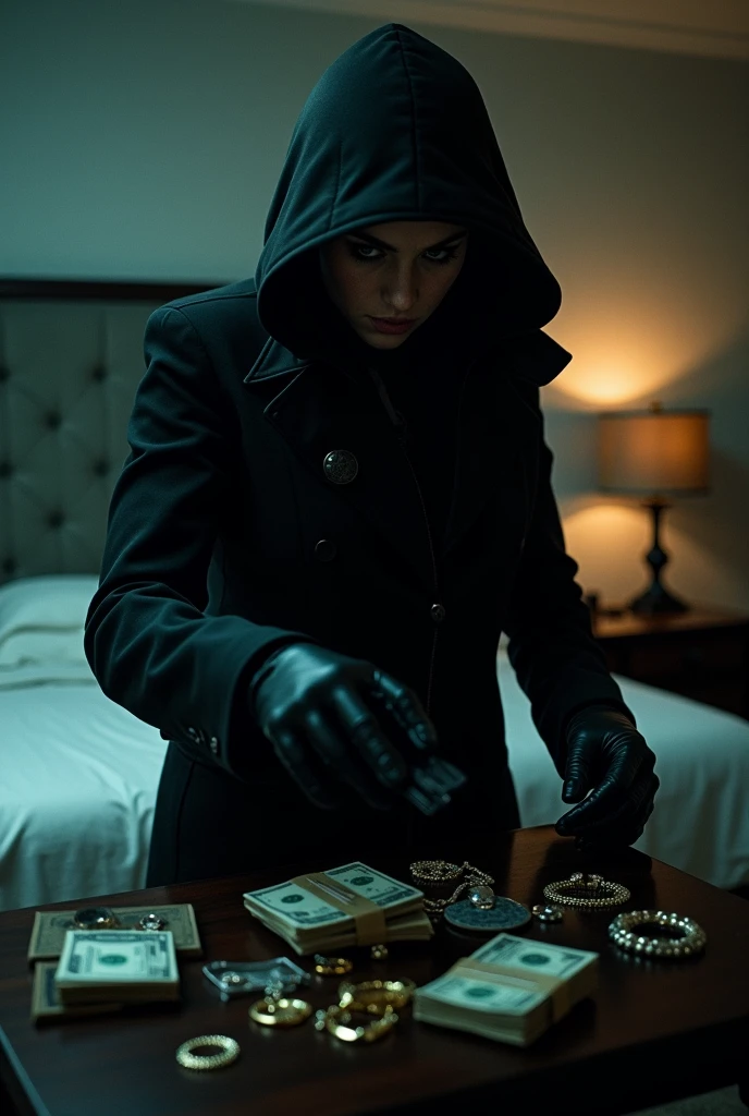 Scarlett Johnson qui porte cagoule et qui porte des gants avec un pistolet et quei fait un braquage dans une chambre elle ressemble les objets de valeur