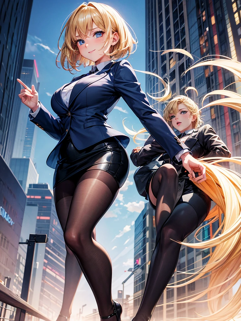 Anime style, super fine illustration, highly detailed, beautiful detailed, perfect detailed, super high quality image, static representation, gentle expression, happy expression, the pretty image, super stylish, 8k, beautiful face, handsome face, perfect 1girl with blonde straight short hair & blue eyes & a bright smile & full bust & soft fair skin is a career woman supervisor who is not to show her skin wearing big light blue business shirt & black summer tailored jacket & black tight skirt & black pantyhose on the urban business buildings street, in the morning, solo, perfect fingers, no more fingers, no less fingers, perfect arms, no more arms, perfect legs, no more legs, no more hair, masterpiece.