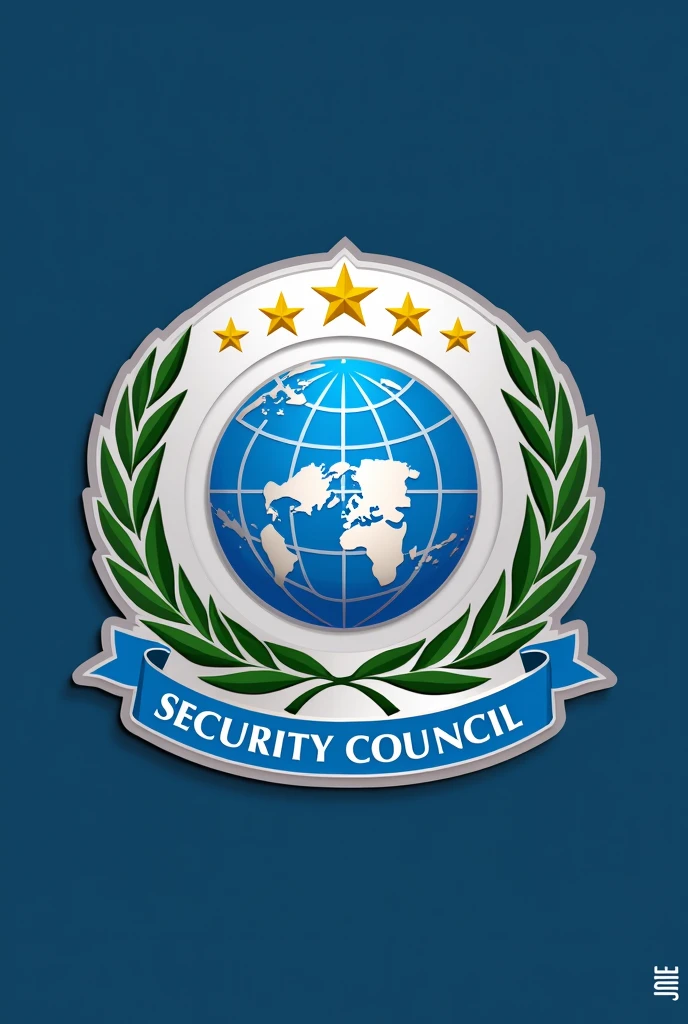 Un logo del Security Council de las Naciones Unidas con un globo terráqueo estilizado en azul, surrounded by two green olive branches, five (5) Golden stars framing the globe at the top, Name "Security Council" within a band with a modern and clear typography at the bottom, in white or gold. a silver-colored border that encloses everything. that is not realistic