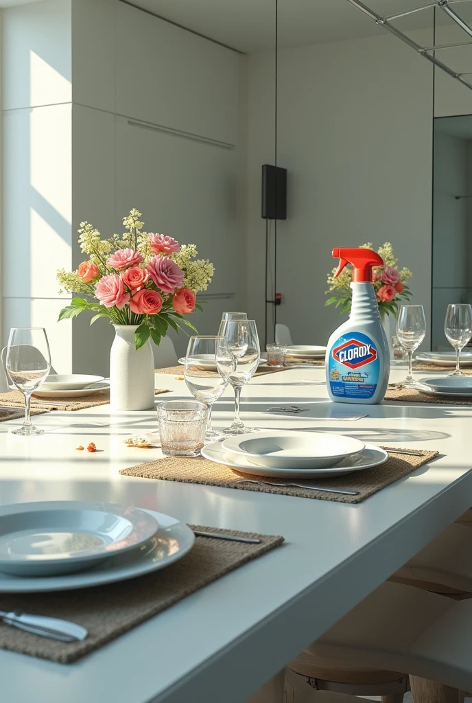 Create a detailed digital artwork showcasing a paradox of cleanliness. The scene features a spacious, modern kitchen with a large, frameless mirror on the wall. In the reflection of the mirror, there is a wooden dining table that appears immaculate, with a shiny, polished surface. The table is neatly arranged with pristine white plates, sparkling glasses, and a vibrant bouquet of flowers, creating an inviting and clean atmosphere.

However, in reality, outside of the mirror’s reflection, the same table is messy and dirty. It is cluttered with crumbs, spilled liquids, scattered papers, and a few dirty dishes. Dust and smudges are visible on the table’s surface, highlighting the contrast between the two states.

Positioned prominently next to the table is a bottle of Clorox, clearly labeled and visible in both the reflection and the actual scene. The lighting in the room should emphasize the bright, clean reflection in the mirror, while the real table is dimmer and less appealing.

The artwork should evoke a sense of surprise, showing the viewer that while the reflection appears pristine due to Clorox, the actual table is still in need of cleaning. The overall composition should draw attention to the contrast between the cleanliness of the reflection and the dirtiness of the reality, effectively showcasing Clorox's role in achieving true cleanliness.