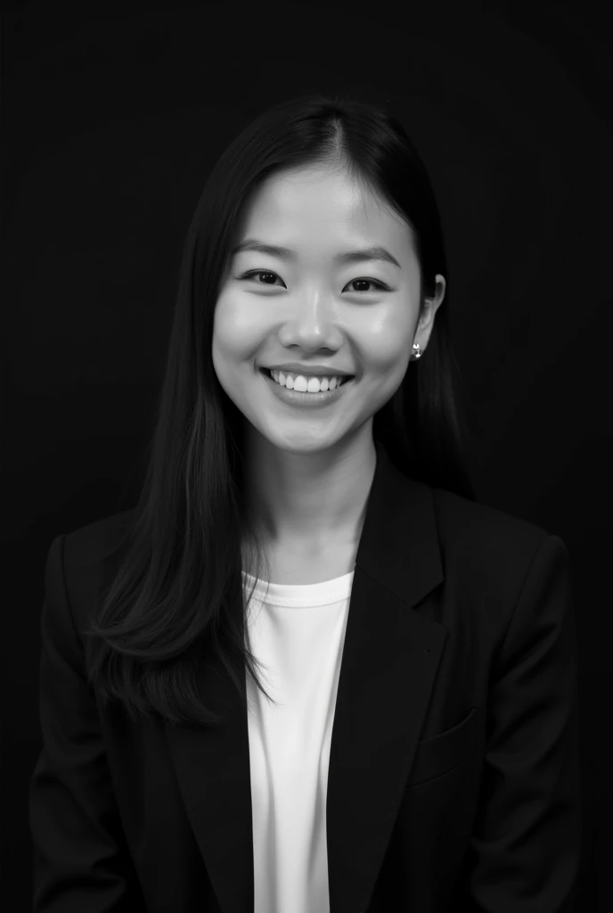 A professional black-and-white portrait of a young cute Asian woman with long, dark hair. She has a warm smile, wearing a dark blazer over a white shirt, with minimalistic jewelry like a small hoop earring. The background is solid black, highlighting her features and creating a sleek, modern look. The lighting is soft and evenly distributed, emphasizing her confident and approachable expression.