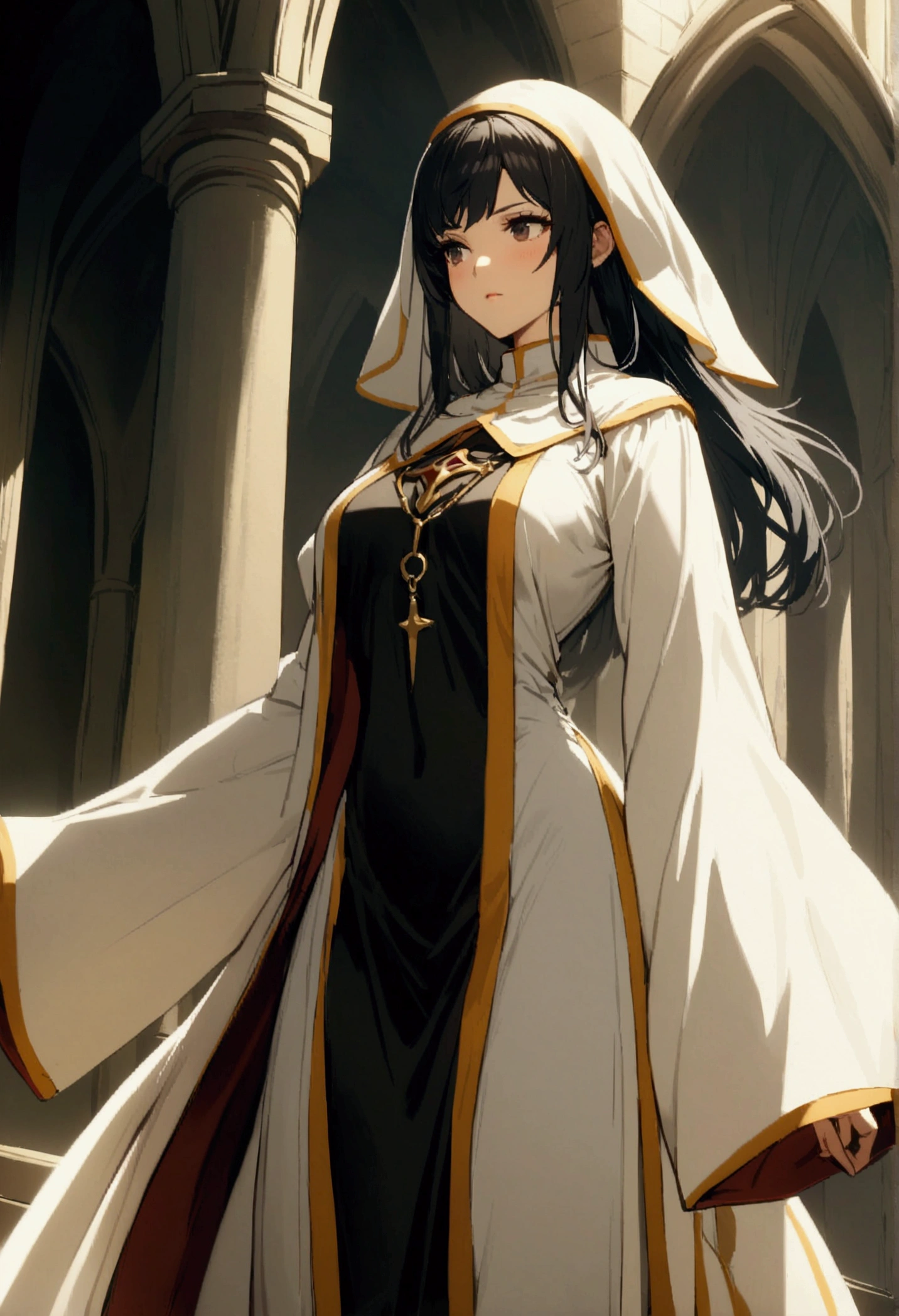 Woman, cleric,black hair, perfect body, cleric robes, holy