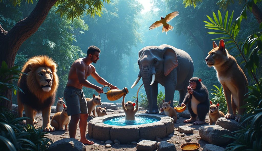Man and his animals are back in the main part of the jungle, sharing water from the spring with other animals. Man is pouring water into a large stone basin. , the lion, is standing nearby, keeping watch. , the monkey, is handing out bananas to other small animals, like squirrels and rabbits.the elephant, is using his trunk to fill smaller containers for the animals to drink from. , the parrot, is flying above, calling out to other animals to come and drink. The jungle is vibrant and alive, with greenery all around and animals of all kinds gathered peacefully.
Celebration and Unity in the Jungle
photo realastic vivid,neon,dramatic.cinamtic lighting, renderless