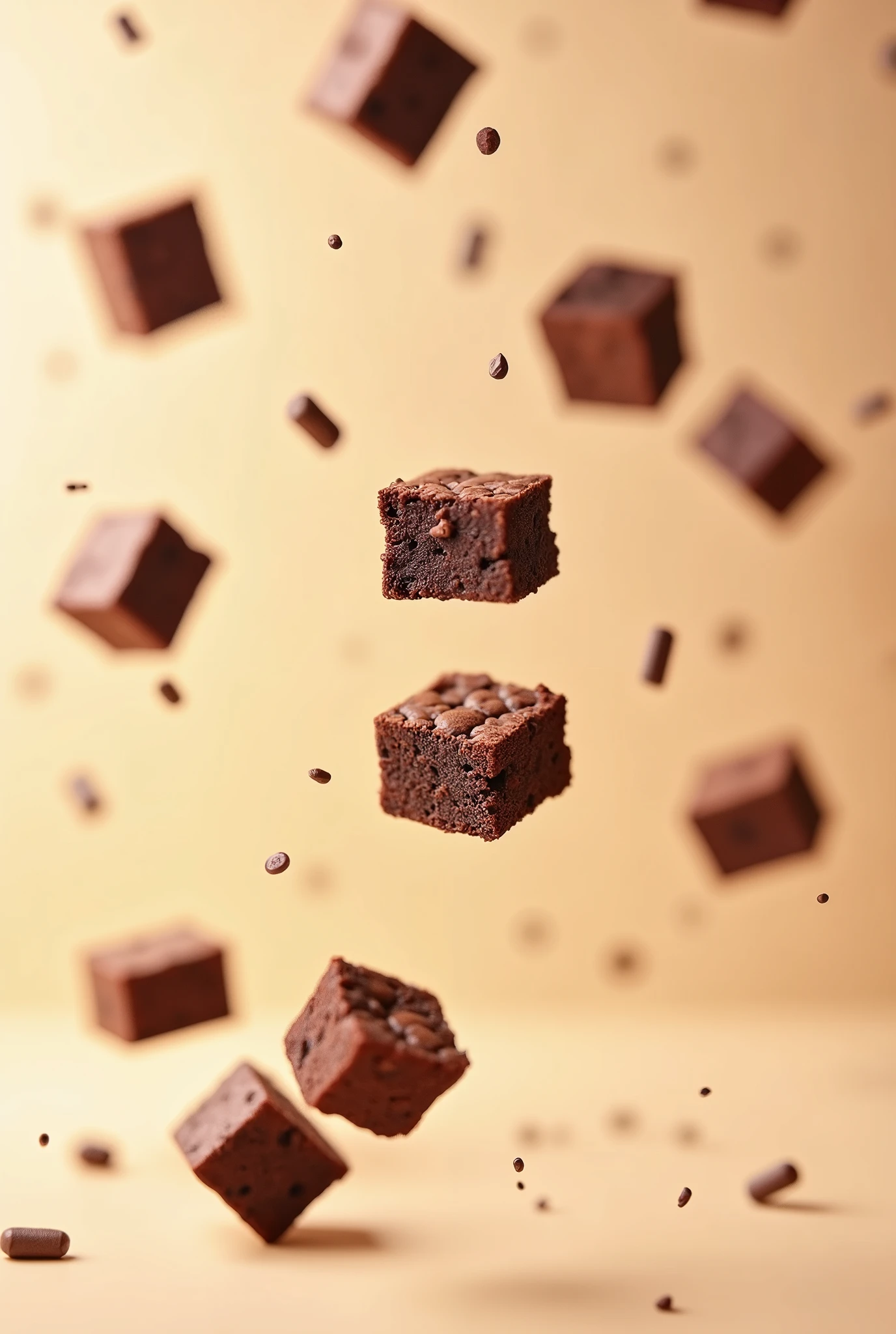 Make several micro-brownies and place them more spread out falling from above the image