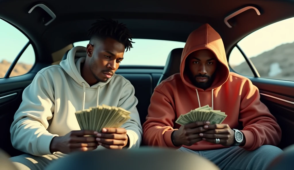 2 rappeur L'un est blanc, l'autre est black. Couleur de peau et doivent avoir des pulls à capuche
Et ils comptent de l'argent dans une porche