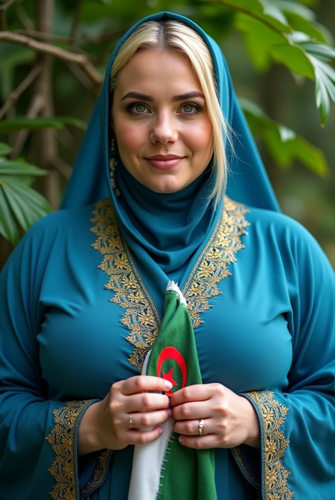 Close-up, blonde, plump woman, wearing a blue, gold embroidered abaya, holding a scarf with the Algerian flag in white and green, perfect clarity of the entire image, sharpness of the face and eyes, intricate details 64k 32k HDset green nature background