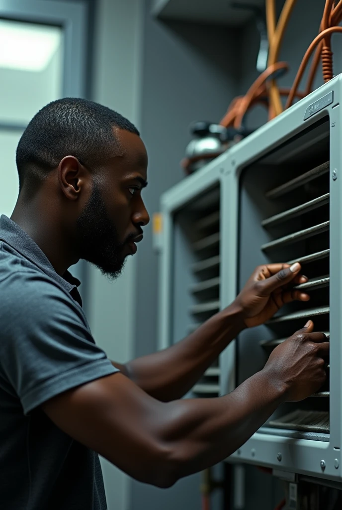 black man short hair cut, fiddling with an air conditioning unit as if he were working but in avatar form , doll is for professional creative