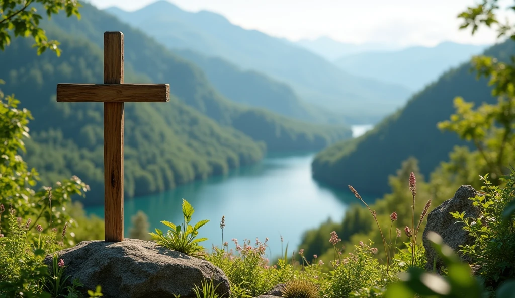 make image of plant geography romania mainly capital area, in the summer, with an idea of faith, add a wooden cross to all images, high environments with a beautiful lake.