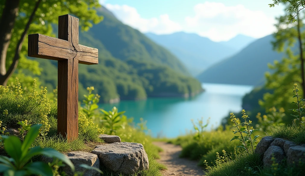 make image of plant geography romania mainly capital area, in the summer, with an idea of faith, add a wooden cross to all images, high environments with a beautiful lake.