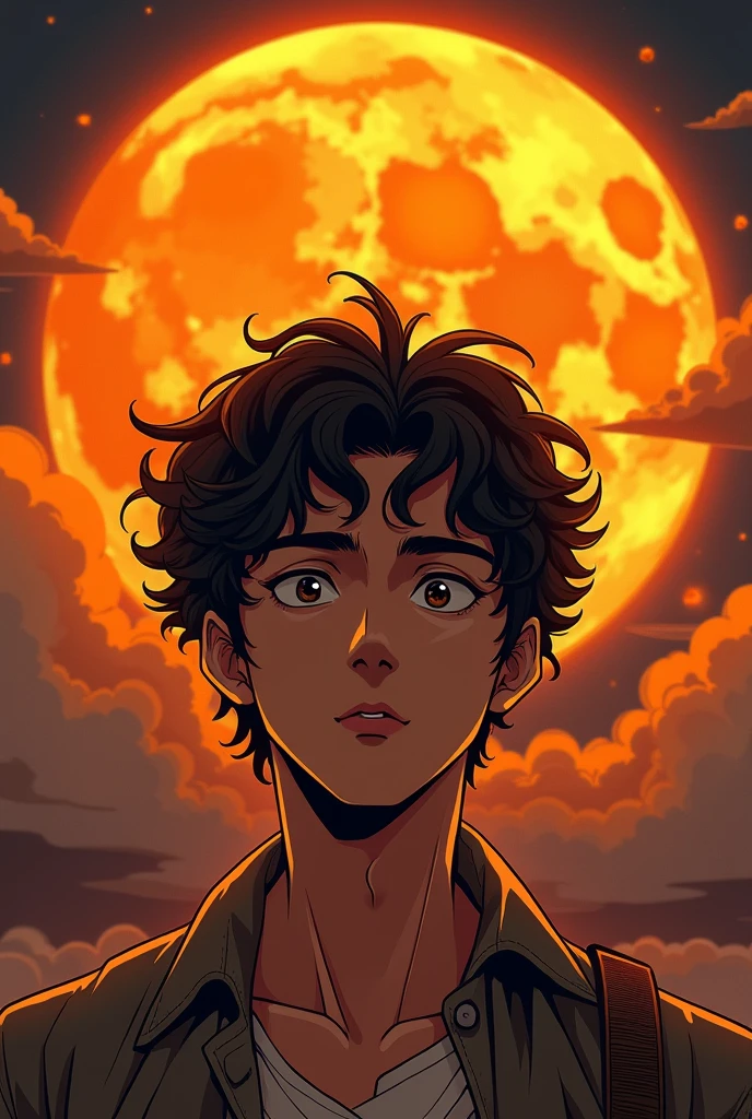 Man with Brown short curly hair , manga style, orange Moon in the back