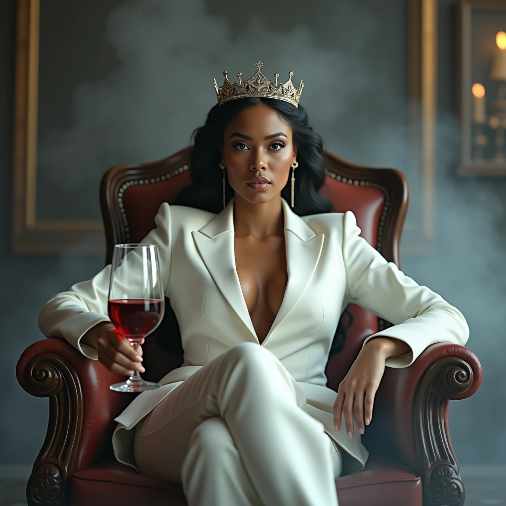 Create a realistic image where a woman wearing white luxury suit like a boss and sitting on a queen size chair like boss with crown 👑, she's holding a 🍷 wine glass in her hand, there is smoke in background a shadow. In background the name "RIMI" is showing in bold reflection in shadows