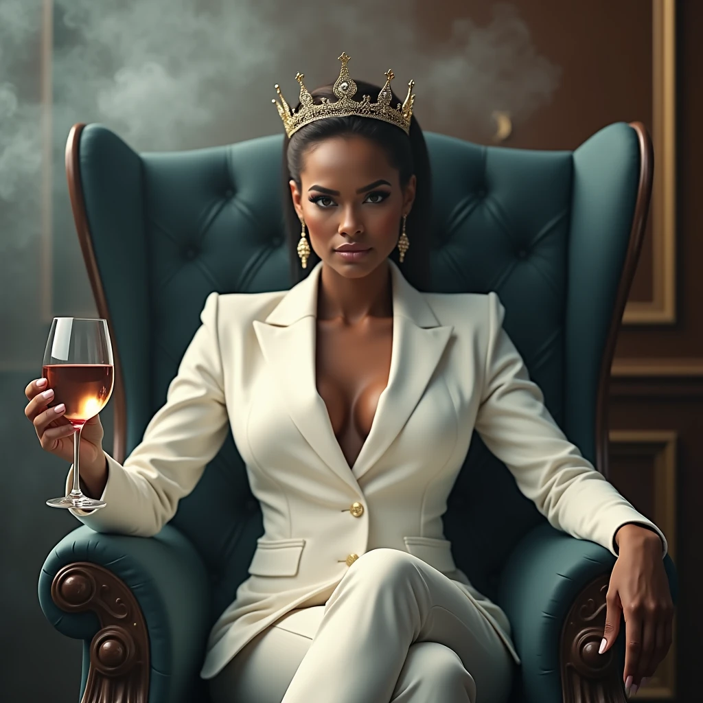 Create a realistic image where a woman wearing white luxury suit like a boss and sitting on a queen size chair like boss with crown 👑, she's holding a 🍷 wine glass in her hand, there is smoke in background a shadow. In background the name "RIMI" is showing in bold reflection in shadows