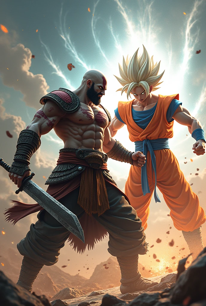 Kratos fighting against Goku Super Saiyan White
