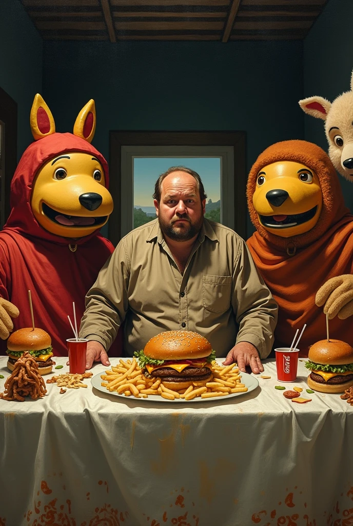 Concept: A reimagining of Da Vinci's "The Last Supper" with the apostles replaced by various fast food mascots, and the table filled with greasy, oversized burgers, fries, and soda. The central figure is an overweight man in casual clothing, looking dazed and overwhelmed.