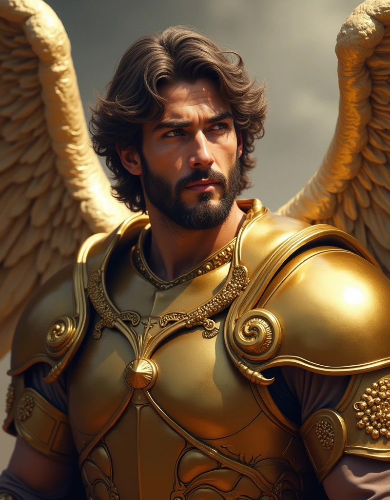 angel michael face turned to the side, with golden armor biblical story, 4k, realistic and detailed image,