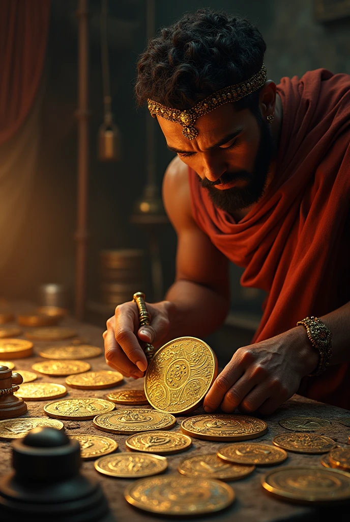 The coin is being minted in an ancient civilization (For example, in Rome or in Mesopotamia).
