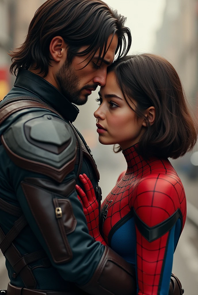 bucky barnes in winter soldier costume hugging 1 age girl with mascara she's Italian and Chinese with brown hair middle length hair and Wolf cut and brown green eyes in Spiderman costume they look at each other