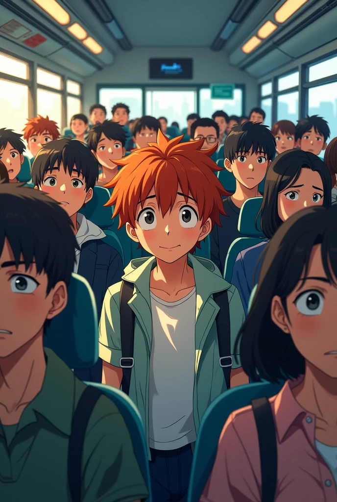  anime boy riding a bus full of people with hopeful and worried faces 