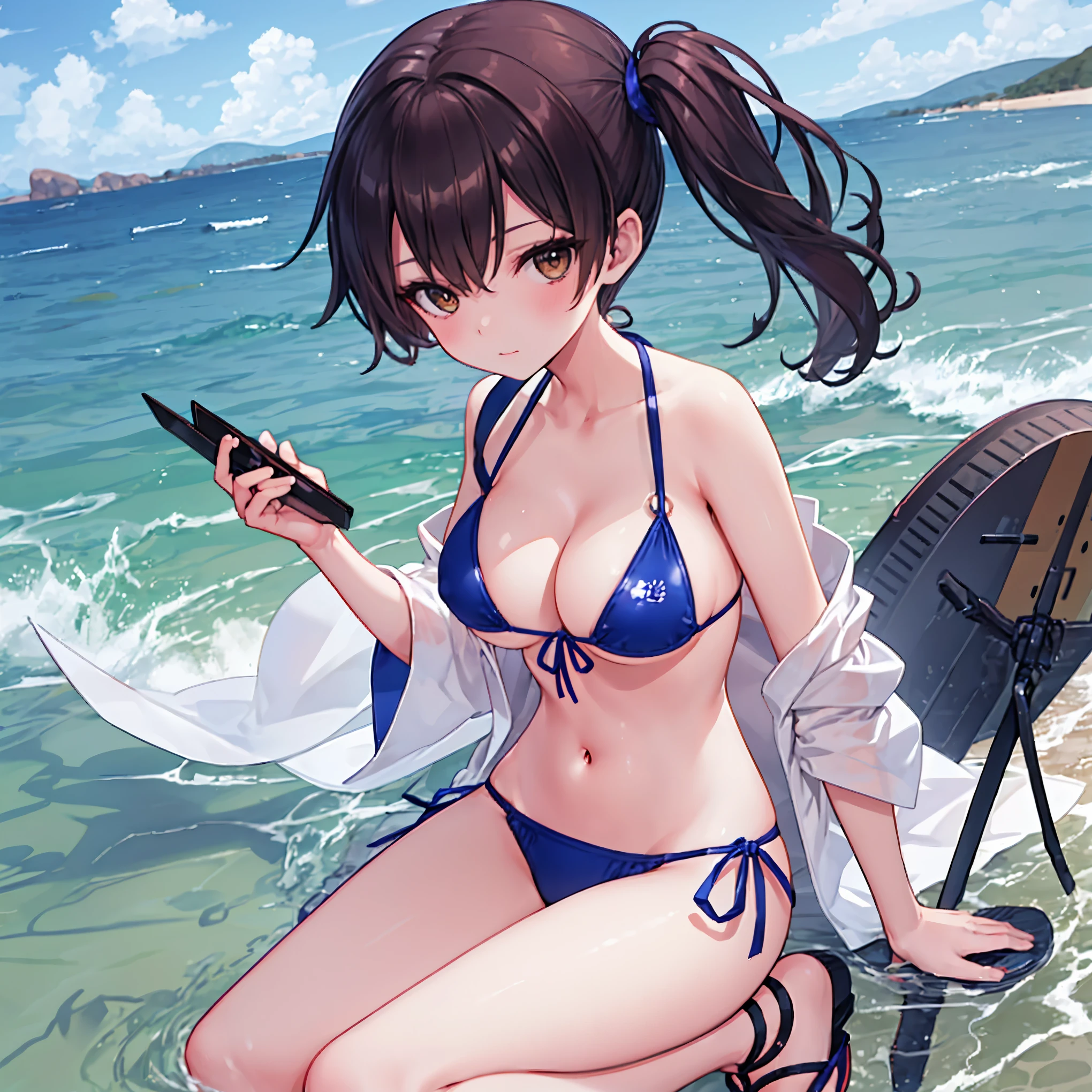 Beautiful illustration、top-quality、Kaga_kantaicollection
brown_hair, Side_Ponytail, brown_Eyes, Short_hair, (big_breasts:1.5) long_hair、Blue Bikini、 coast_landscape,(abs:0.5),navel,solo,(light_smile:0.6),(solo:1.5)。sandals,