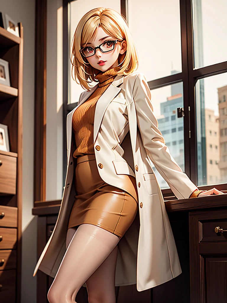 ONE Girl in the frame, elegant, short, A slim body. Wearing beige high boots, brown skirt, orange sweater and white lab coat, dark nude tights. medium length hair, blonde. wear glasses. Red lips. Shoes must be visible.