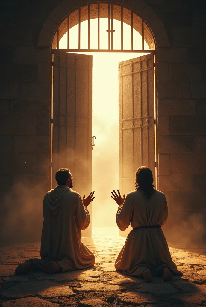Paul and Silas in prison praising and praying and the prison gates opening 
