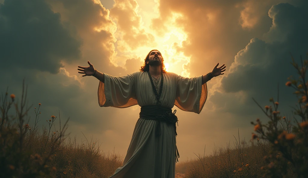 "A person calling out to the heavens, receiving a direct response, surrounded by a protective aura, ancient Middle Eastern attire, the setting is a stormy wilderness with thunderclouds overhead, the scene captures the connection between the mortal and the divine, hyper-realistic, photo realism, cinematography -- ar 16:9."