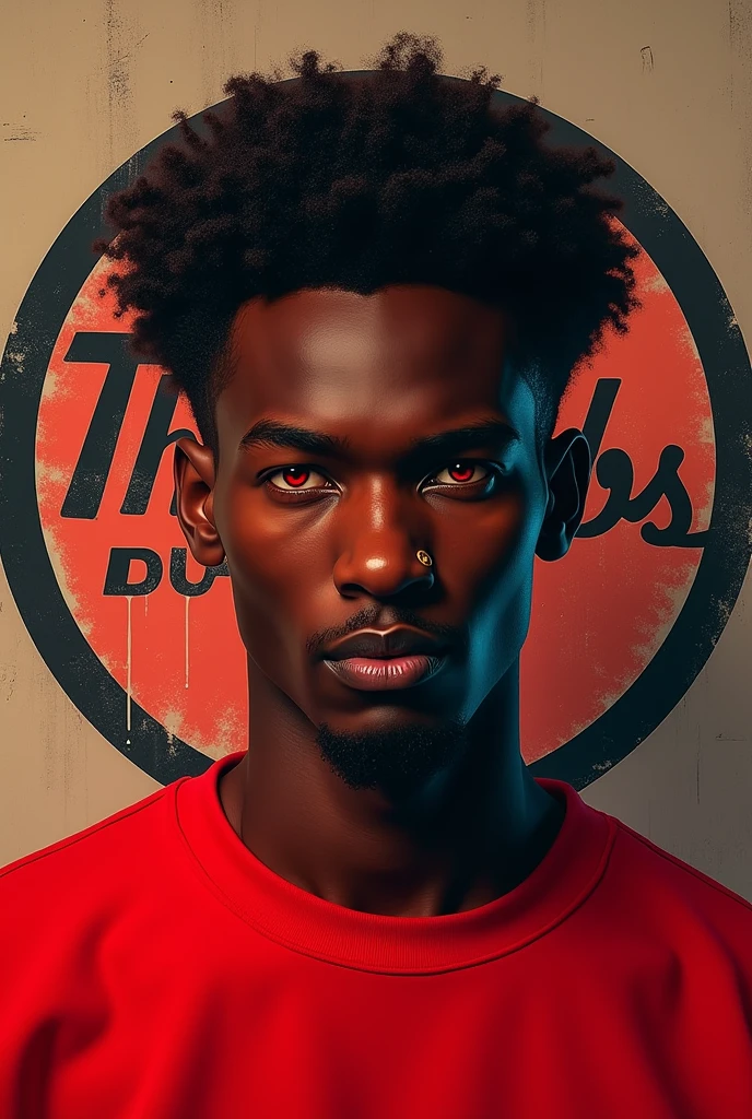 Man with red eyes, dark brown skin, dark brown curly hair, red sweatshirt. In the background of the image a logo says THUMBS EDITION