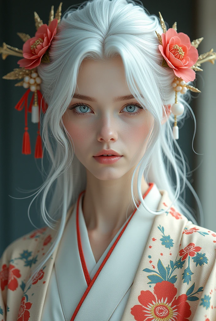 woman in kimono white hair and blue eyes