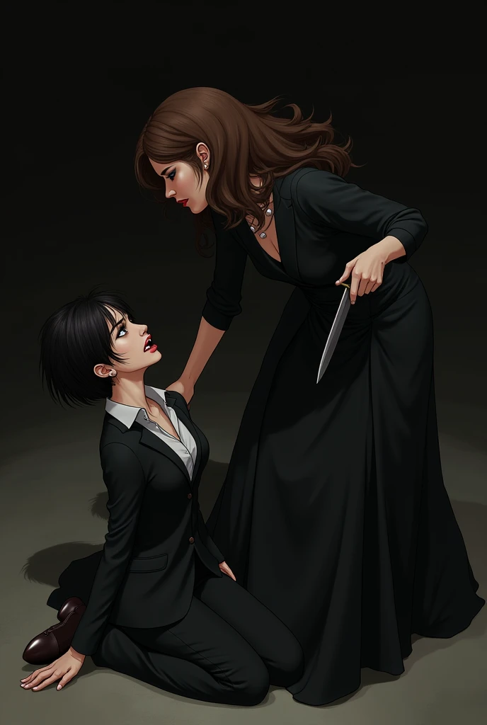 Woman in black dress with brown hair and brown eyes with a dagger , Subduing a black-haired woman in a suit on her knees