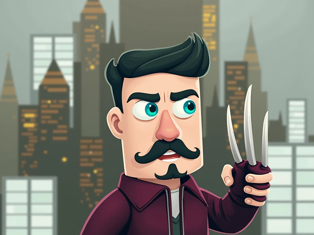 a man with a mustache and goatee, blue eyes and a claw, in the background a futuristic city