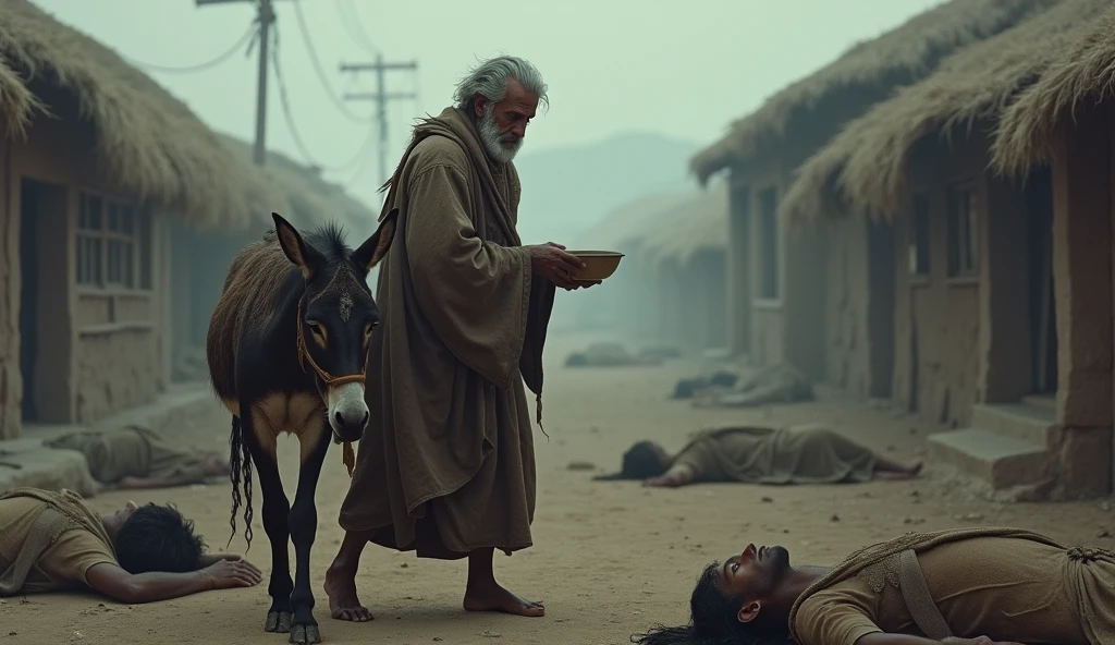 Un vieux homme metisse accompagné de son âne et portant un petit bol. Il entre dans village trouvant tous les gens mort par terre.