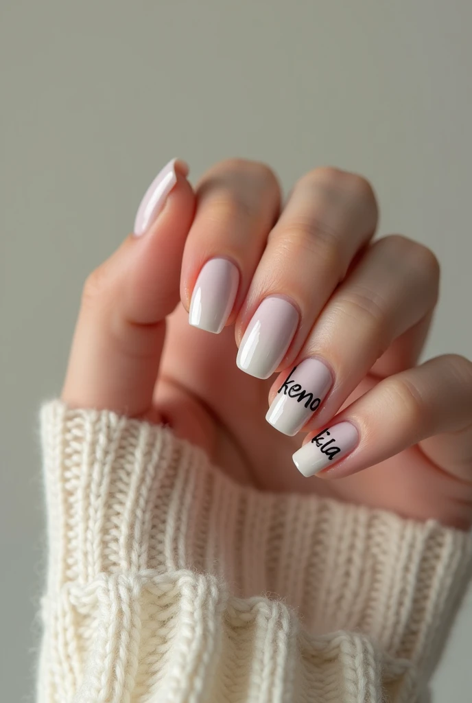 A female hand with the letters KENIA on her nails
