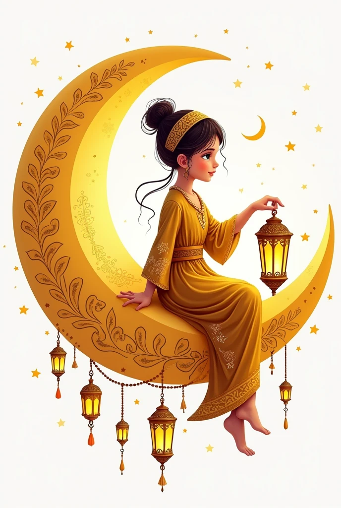 Create a logo of a yellow crescent moon decorated with Ramadan ornaments, sitting on which is a beautiful girl wearing an Arabic dress decorated with Arabic ornaments and holding a lit Ramadan lantern in her hand, high-detail vector illustration